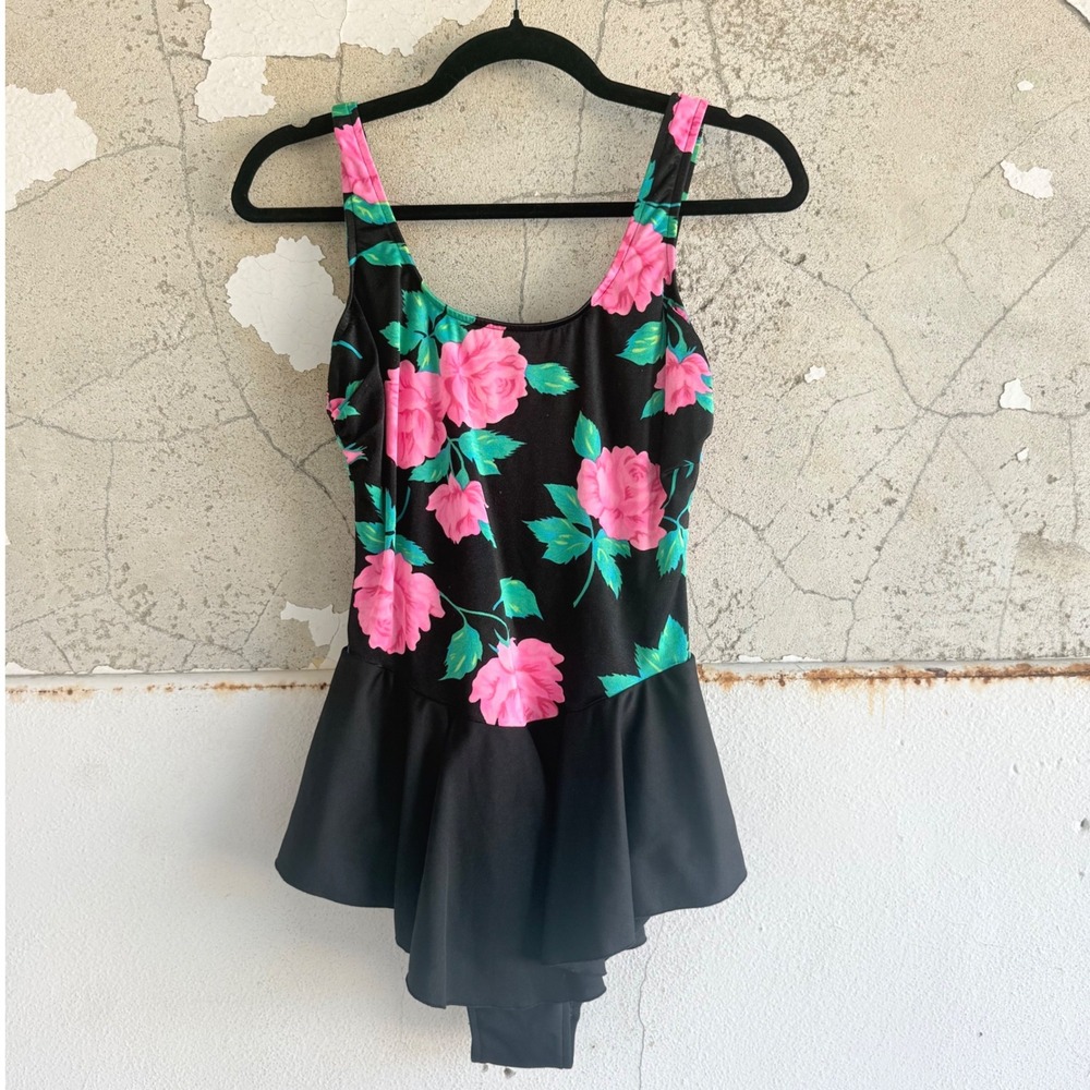 Vtg 80s Swimsuit Floral One Piece Skirted Swim Dress Rose Print Basic Editions M